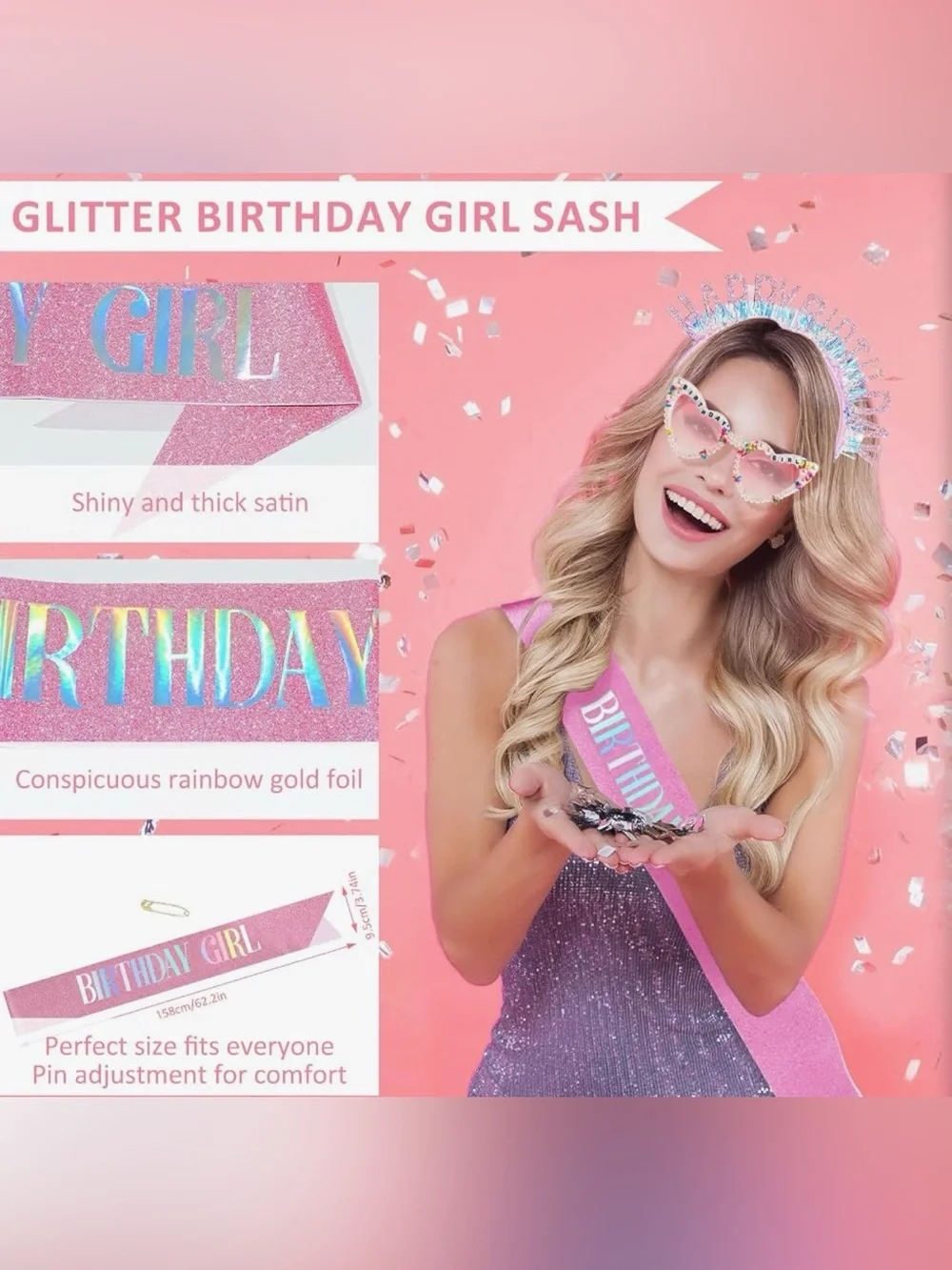 3 PCS Birthday Girl Set. Sash, Tiara & Heart Shaped Glasses.
